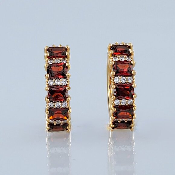 14K Gold 2ct Red Ruby Gemstone 1ct Diamond Small Hoop Earrings 14 Karat Jewelry - Picture 5 of 8